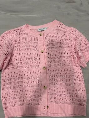 Pretty Garden Pink Knit Eyelet Short Sleeve Cardigan Sweater M